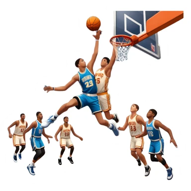 An icon featuring a basketball court with players in action, inspired by NBA 2K25. A player jumps for a dunk, with the ball mid-air. Bright lights illuminate the court, symbolizing the excitement of sports simulation games. Transparent background emphasizes the energy. sticker