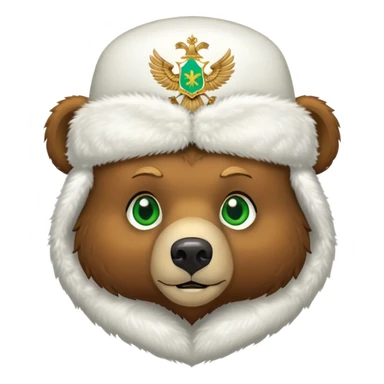 Cute brown bear head with green eyes, wearing white fluffy ushanka with precise Russian coat of arms showing golden double-headed eagle with all official details, iOS emoji style sticker