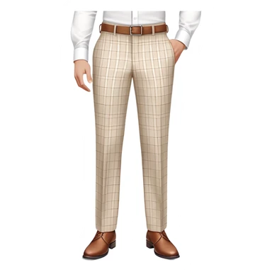 beige dress pants with distinct white grid pattern, formal trousers with clear white check pattern, cuffed hem, tailored pants with white plaid design, isolated garment only sticker