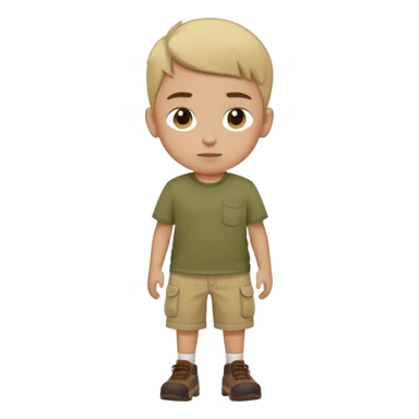 boy wearing an olive-green shirt over a brown T-shirt with beige cargo shorts sticker