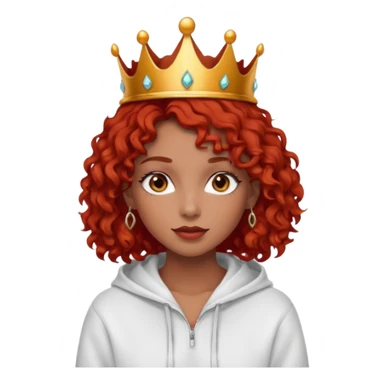 Slim girl with a fine face, dark chocolate-colored and tanned skin, medium-length curly tomato-red hair, dark eyes, medium-thick eyelashes, and a crown and hoop earrings wearing a white hooded sweatshirt.
 sticker