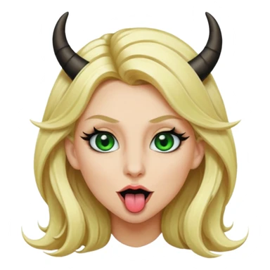 Emoji femme blonde habillée en noir cheveux blond, yeux vert avec de long cils noir qui tire la langue et à des cornes  sticker