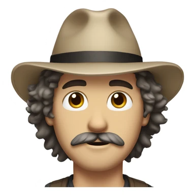 White guy with medium length shaggy hair and a hat. Brown eyes and a classic mustache no beard. Black hair sticker