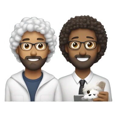 two people working remotely. One has short curly hair and trimmed beard. The other has curly hair, AirPods, and is holding a Samoyed. Both heads are at the top, with a laptop in the center, and two curved arrows forming a feedback loop between them sticker