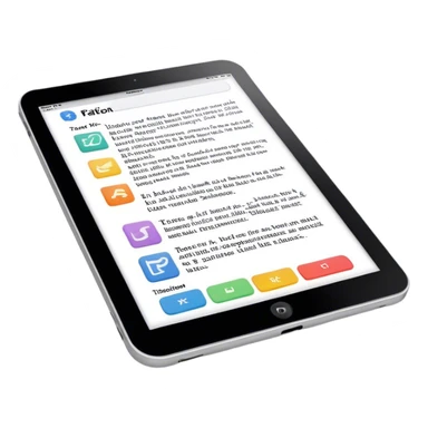 Create an emoji representing fanfiction writing. The design should feature a digital device tablet with visible text, symbolizing the creative process of writing fanfiction. Add a subtle reference to popular fictional characters or universes to indicate the fan aspect. Use a playful, imaginative color palette, blending vibrant tones with soft neutrals. Do not include any emojis or smiley faces. Make the background transparent. sticker