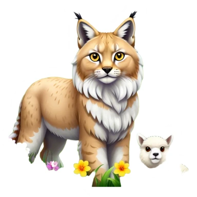 Collage of exotic animals: a lynx with striking eyes, and a fluffy alpaca standing in a lush meadow. The lynx gazes intently while the alpaca looks calm and curious. Surrounded by vibrant plants and flowers. Transparent background for a lively, colorful scene. sticker