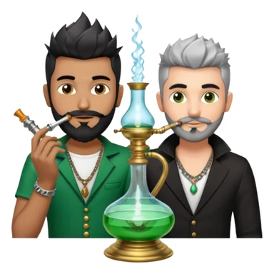 Brass hookah with green design on a glass water base on the top; with two smoke pipes where people are holding them and smoking - one white guy with spikes (silver and black hair) and another Tamil handsome with little beard Indian guy sticker