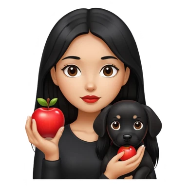 A girl with long black hair wearing black clothes holding a black dog in one hand and an apple in the other hand sticker