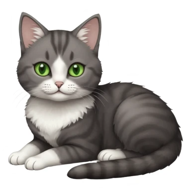 full body tiny short hair dark grey and white cat with white front legs and green eyes lying down sticker