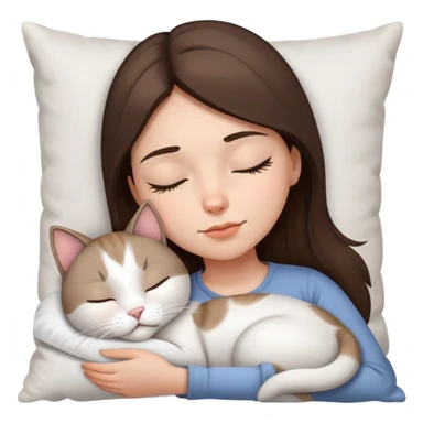 brunette girl sleeping with a white pillow and a light grey-brown and mostly white cat sticker