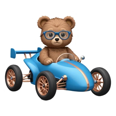 dark crystal blue and rosegold-accented rc racing car driven by a small cute teddy business bear with rear spoiler, roll bar, and wheely bar sticker
