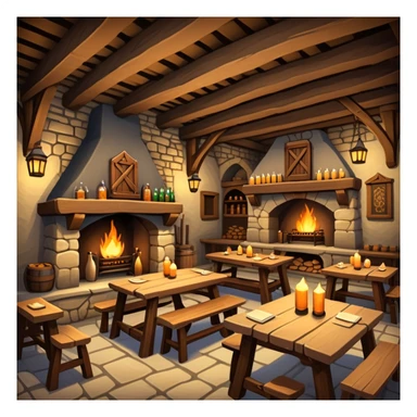 cozy medieval fantasy tavern with wooden beams, fireplace, and tables where adventurers gather sticker