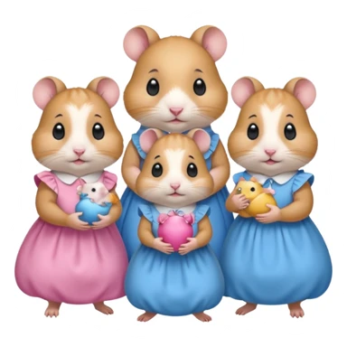 Family hamsters 5 mom dad baby boy wearing blue 2 girls wearing pink dresses and 3 have dummy’s in the mouth sticker