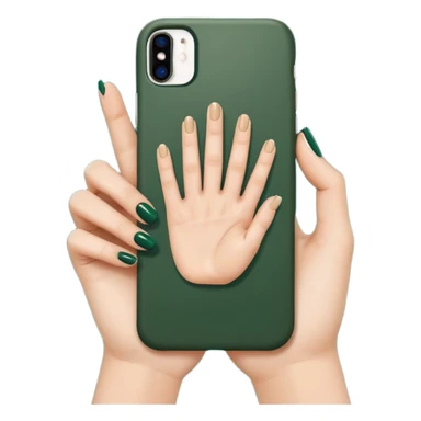 female hand with nude manicure showing 5 fingers holding an iPhone in a dark green case, clean background, emoji style sticker