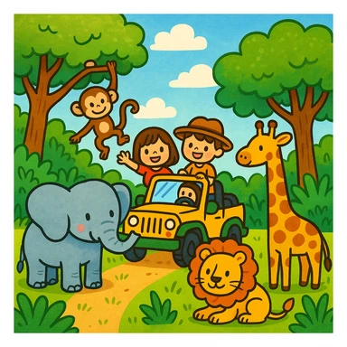 digital illustration of jungle safari in the style of children's illustration   sticker