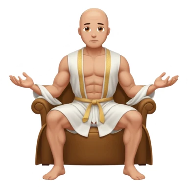 fullbody jacked bald guy, sleeveless and unbuttoned in full white robe sitting without chair and hands down sticker