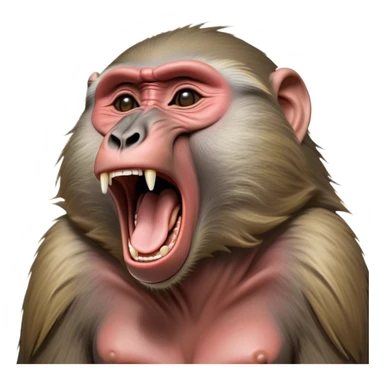 Cinematic Realistic Cute Yawning Baboon Portrait Emoji, Head tilted slightly with a dramatic, wide-open yawn, showcasing a soft, textured face with gently drooping features and half-closed, drowsy eyes, rendered with lifelike natural detail and warm shadows, high shine, relaxed yet expressive, styled with a dash of wild charm, soft glowing outline, capturing the essence of a sleepy yet affectionate baboon that appears ready to stretch out for a hearty nap! sticker
