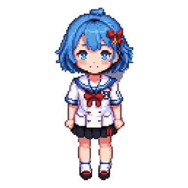 Pixel art anime girl with short bright blue hair wearing Japanese sailor style school uniform, trying to look confident with hand on hip but shyly waving with other hand, blushing cheeks and avoiding eye contact sticker