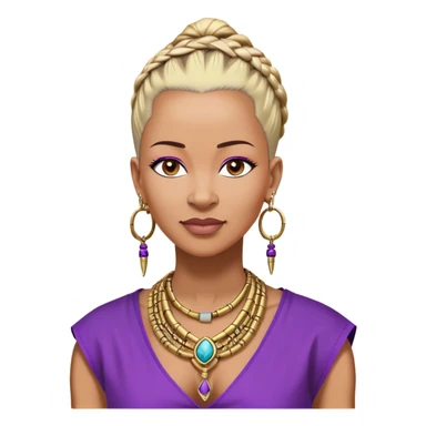 African american 57yr old ,  woman who is 5ft 6in with a blonde and black mohawk of individual braids, with low shaved side haircut,
wearing a purple,  dashiki, with an gold  necklace of Draya inscribed,  wearing big gold bamboo earrings in ears with the name engraved of Draya sticker