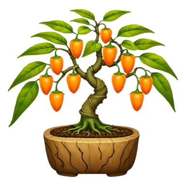 Very Large decorative gnarled bonsai pepper plant with tiny round orange-yellow peppers on it  sticker