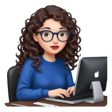 a white young woman with very long wavy dark brown/chocolate hair with curls at the end of her long hair typing in a computer. she's using round glasses, her lips are light red and her cheeks slightly pink. Her eyes are dark brown. She's using a dark blue knit sweater  sticker