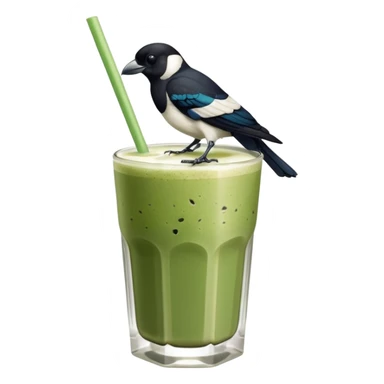 It’s an Australien Magpie sitting on an iced matcha latte on the edge of the glass. It has green matcha on its beak indicating it drank. The iced matxha latte is in a see through glass and white from the oat milk on the bottom and green on top…and there is a straw in the drink and ice cubes sticker