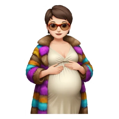 pregnant stylish woman with short pixie brunette hair happily touching her big belly while wearing white dress and fancy brown fur coat and colorful shades sticker