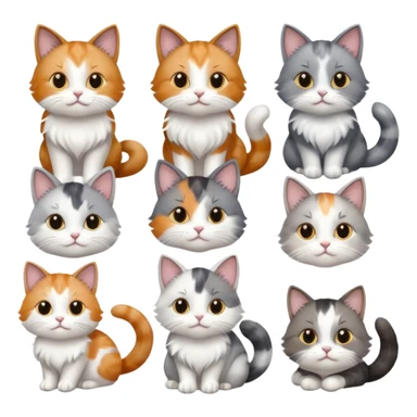 6 realistic looking cats with different natural coloured coats, assorted grey and white, greys, calico, brown and white colours etc
 sticker