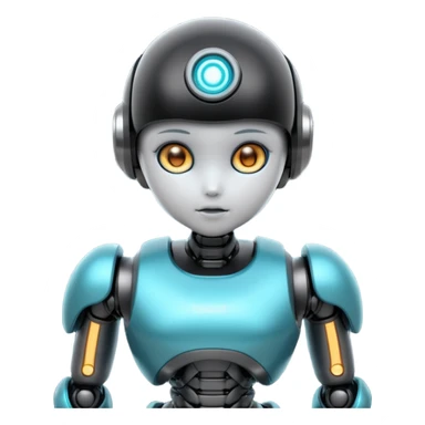 Cute futuristic chibi humanoid robot with large rounded head, glossy black and grey metal body, glowing cyan and amber eyes, visible joints, confident pose, white background, high-detail 3D render, LMX text on chest. sticker