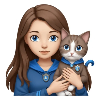 gorgeous Girl with light skin, blue eyes, long brown hair, wears a ravenclaw outfit, with a grey and white cat holding in her arms sticker