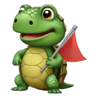 A cute green little snapping turtle with a red warning flag sticker