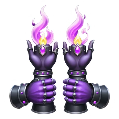 A Discord emoji of a pair of black armored gauntlets holding a flickering violet flame. The hands are positioned as if offering a gift. Dark gothic fantasy, glowing magical effects, high contrast, 2D vector style, white background. sticker
