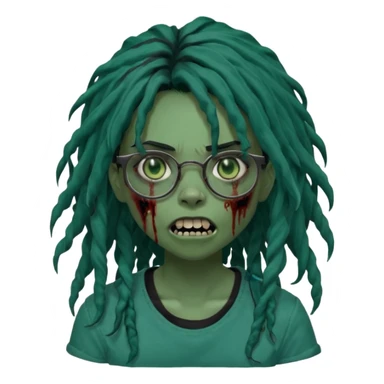 One girl greenskinned, zombie with glasses, with ombre black roots, dark teal long locks & side bang of her locs that fall over slightly covering the right eye, a sinister expression w/ the mouth open, teeth showing, and the jaw uneven. with a small wound near its mouth, her locks curly, black shirt sticker