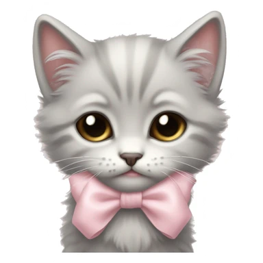 sad small fluffy light gray kitten with pale pink bow sticker