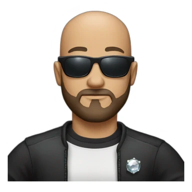 bald man with black shirt having sunglasses and a beard arms akimbo with a diamond watch sticker