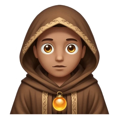 Coarse, hand-woven brown robes with deep,  shadowed cowls  with A dark, light-absorbing void within the hood where only two glowing yellow or orange eyes are visible. In AI generation, specify "glowing orb-like eyes" or "beady luminous eyes". sticker
