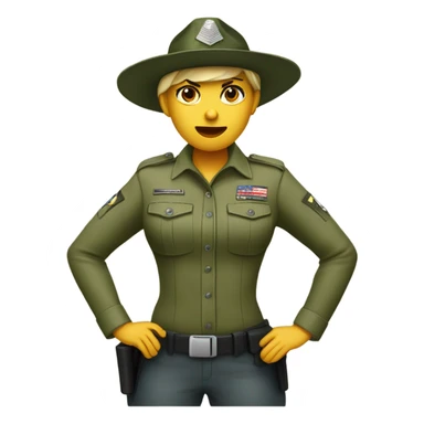 a female drill sergeant showing full torso wearing a classic sergeant hat and a camouflage army shirt. The character should have an angry intense expression.  sticker