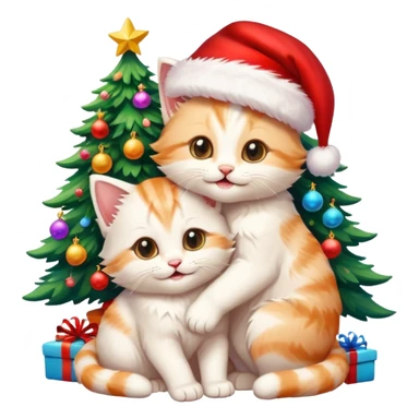 two hugging cream and white happy fluffy cute smiling kittens with Santa hats by a colorful multicolored brightly lit up Christmas tree sticker