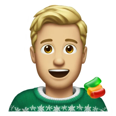 White guy in eagles Christmas sweater eating a gummy sticker