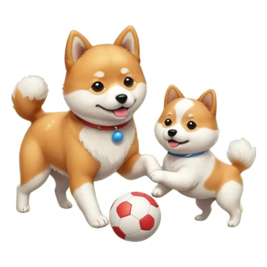 2 dogs, a ginger shiba inu and a small white dog breed coton de tulear, playing with a ball in a sunny garden sticker