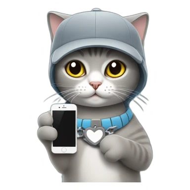 grey shorthair cat wearing a brige cap and holding iphone on one hand sticker