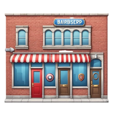 barbershop exterior with secret superhero lair hidden inside, barber pole, secret entrance sticker