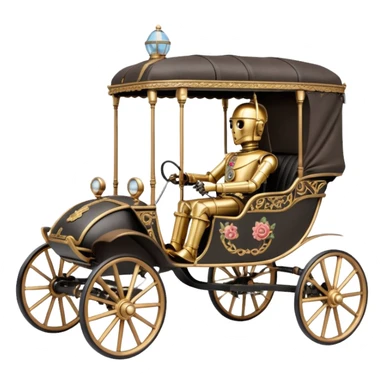 Old American West C-3PO policeman in 1864 delicately ornate rosegold accents painted buggy powered by electric motors and batteries with safety features and belts  sticker