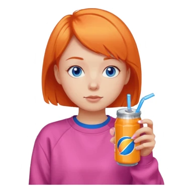 orange short hair girl sipping energy drink, blue eyes, pink sweatshirt sticker