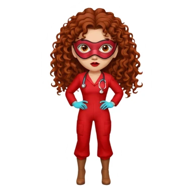 Sensual Spanish Lilith core evil surgeon.red outfit.  Surgeon has hazel eyes. Her hair is BROWN. Hair is also  long and  curly. wearing a sexy surgeon outfit with platform  heels.she is a calculated killer. She covers only her mouth and nose with mask to hide identity sticker