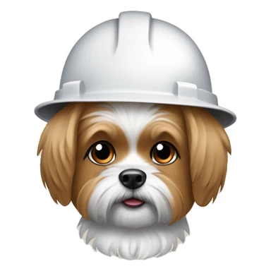 Tan Shorkie wearing white hard hat sticker
