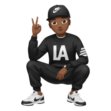 Crea Un Emoji De Cuerpo Completo Que Sea Hombre Con Corte Alucin Que Tenga Gorra Nike, Suéter Negro Que Tenga La Letras LA El La Parte Del Corazón, Zapatos Adidas Con Una Palomita✅, Pantalón Ancho O Bellaco Con Unos Diseños De Palomas Blancas Y Asiendo Una Pose Con Su Mano Que Sea Está 🤙🏽. sticker