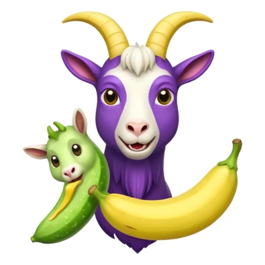Three headed goat. One eating a banana, another eating an eggplant, and the last eating a cucumber sticker