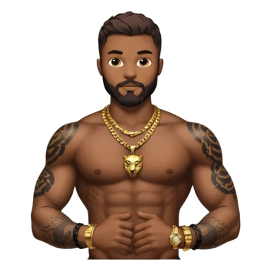 a muscular man with a brown beard and hair with a tattoo on his chest of a black panther in the same style as Conor McGregor, with gold bracelets, and a gold Cuban chain with a pendant sticker