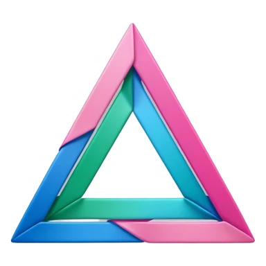 A 3D triangular loop shape made of three connected ribbon segments, smooth glossy surface, gradient colors (green, blue, pink), minimal white background, soft shadow, modern Memoji-style rendering. sticker